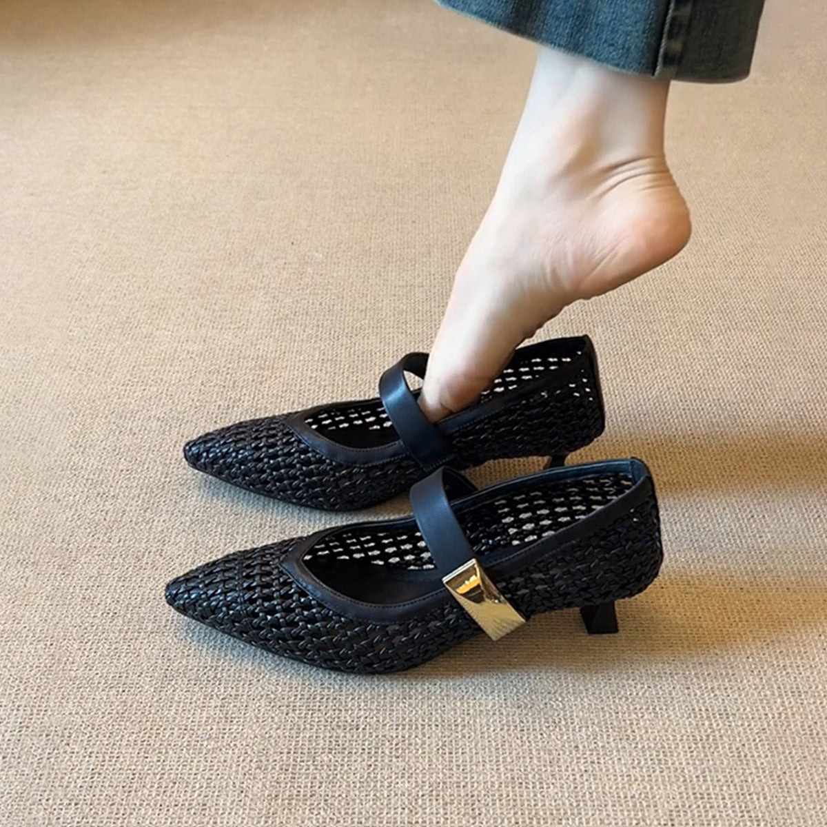 Dame Woven Spids Tå Mary Jane Flats med justerbar rem Stilla