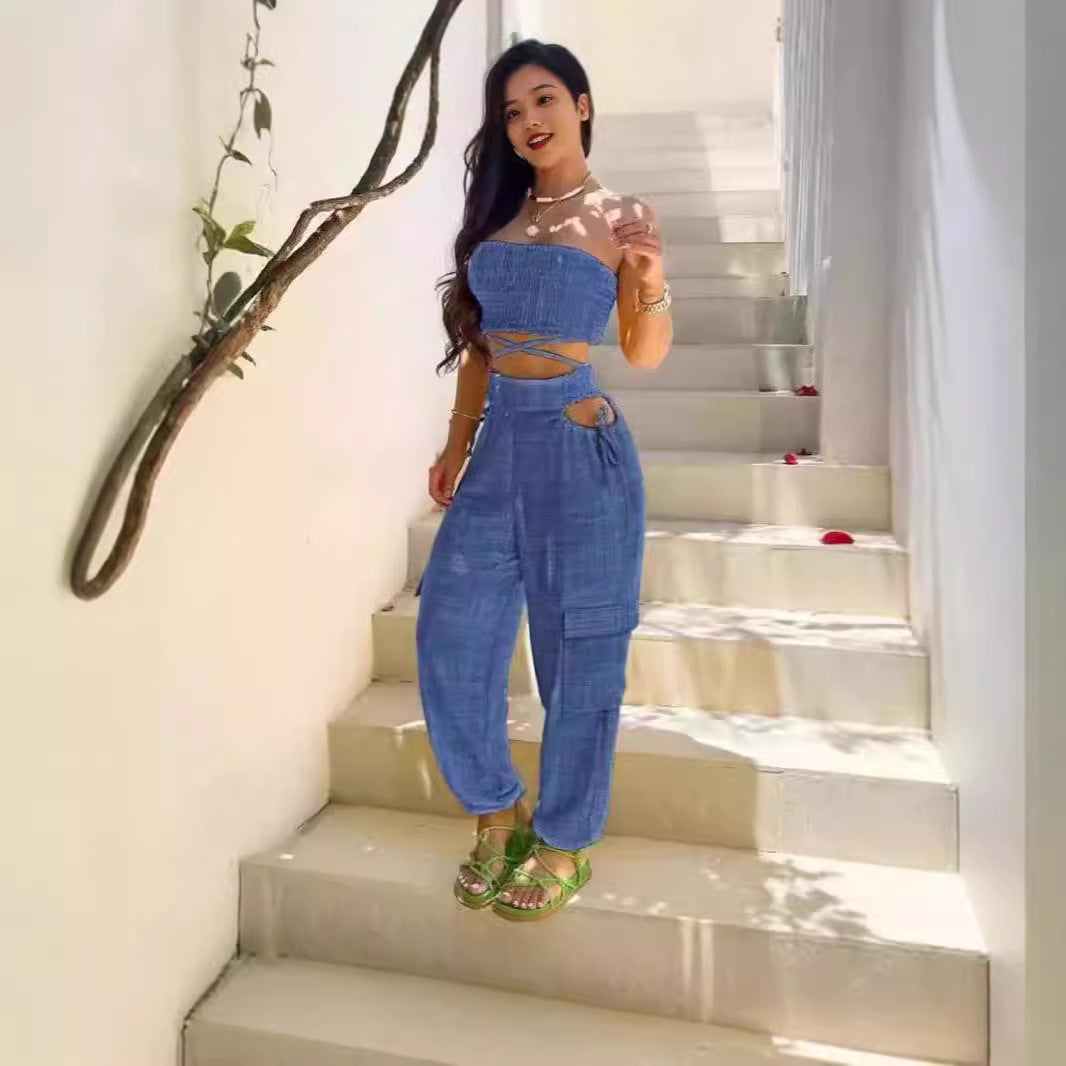 Dame afslappet sæt med crop top og high-waist cargo bukser Stilla