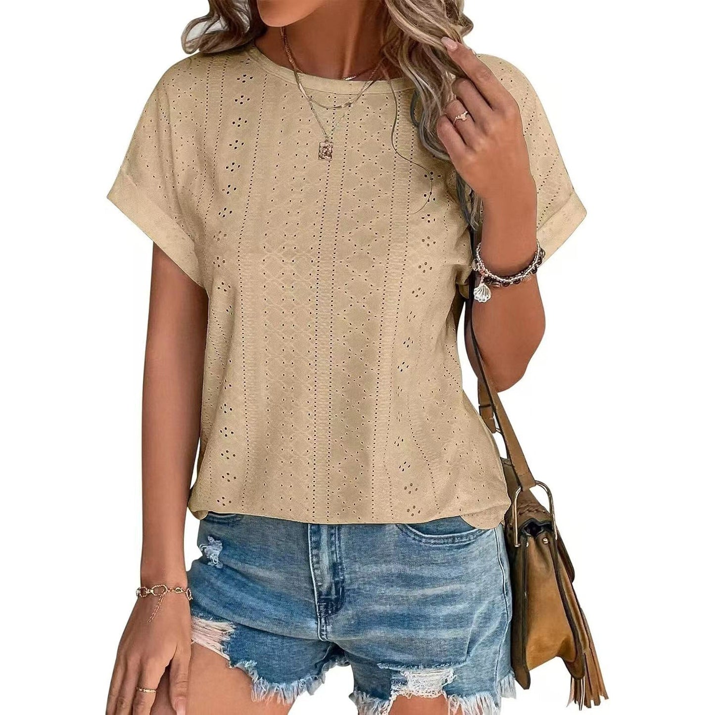 Stilla | Basic Solid Rund Hals Løs Kort Ærme T-shirt