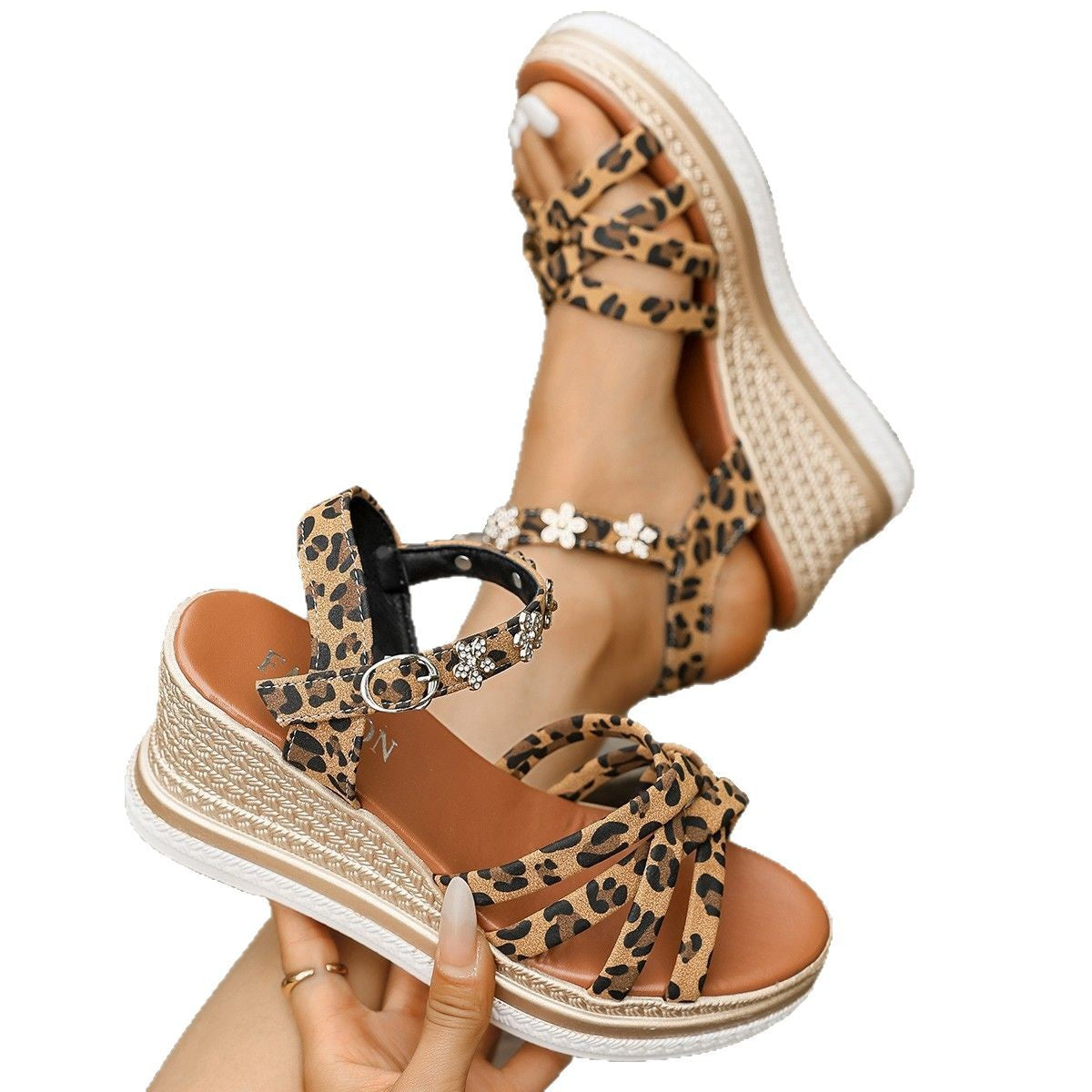 Dame Elegant kilehælsandaler med blomsterdekor og moderigtigt leopardmønster Stilla