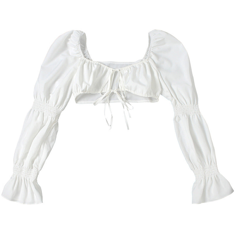 Dame Cropped Bluse med Puffærmer og Rynk Stilla