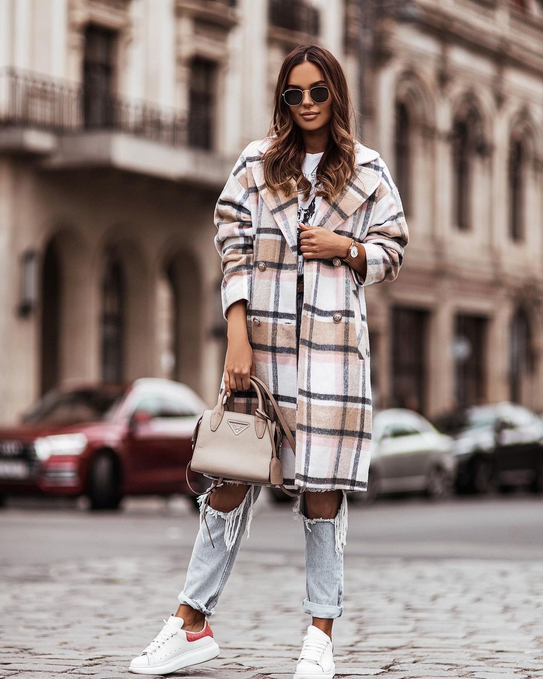 Dame oversized ternet frakke med dobbelt knaplukning og dybe lommer Stilla