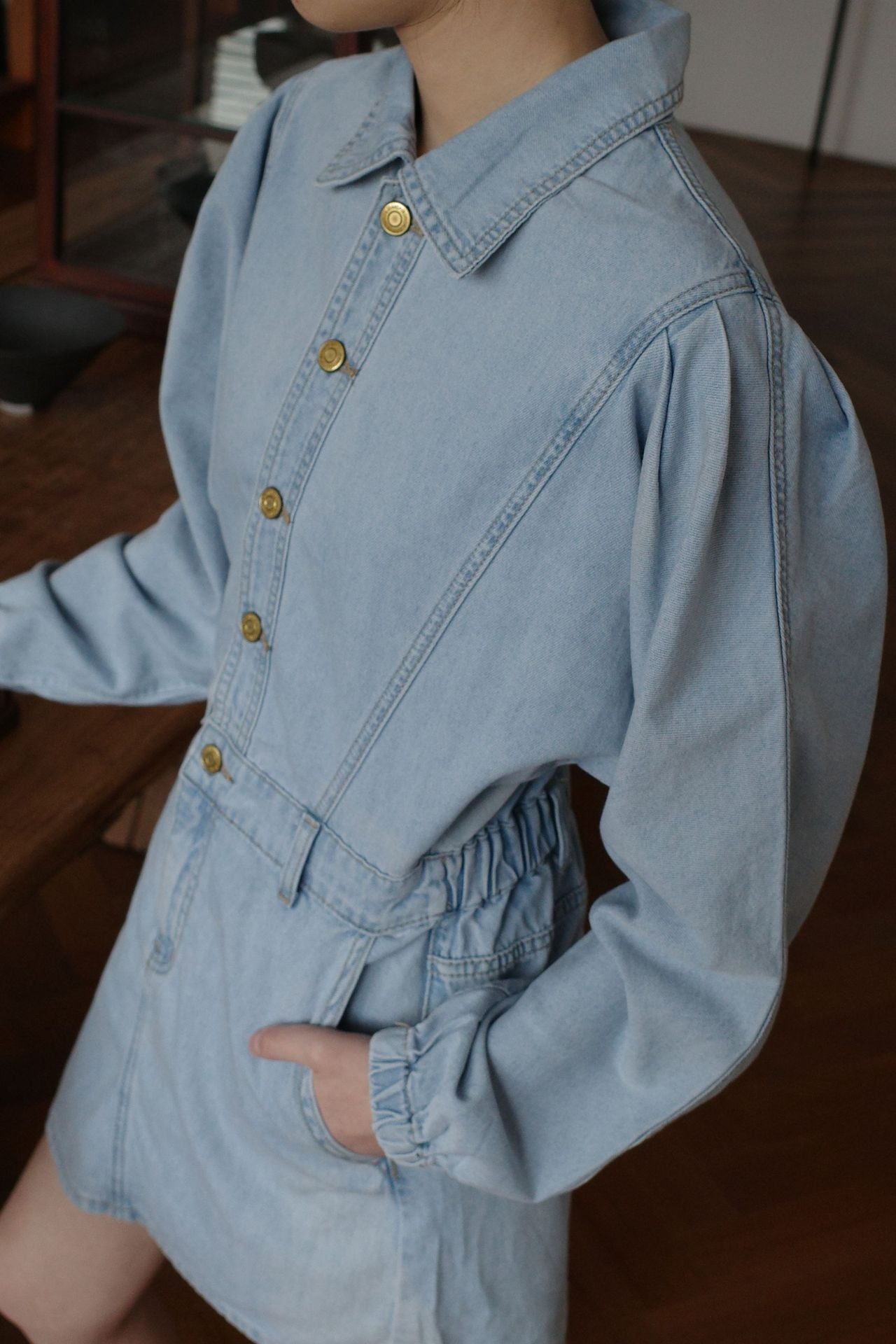 Dame Denim Skjorte Kjole med sidelommer og elastisk Talje Bånd Stilla