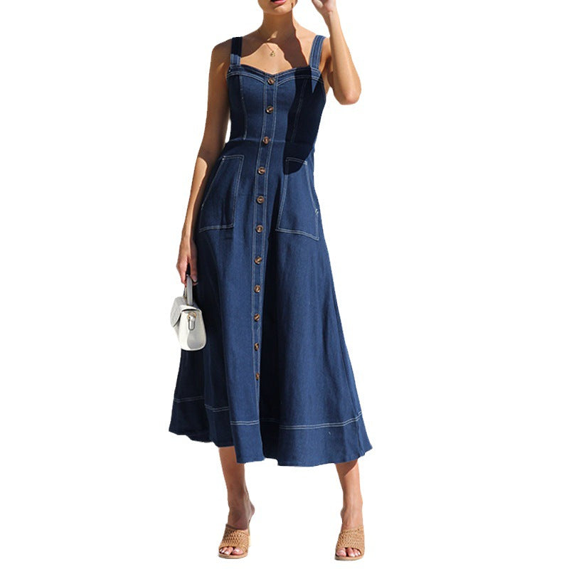 Stilla | Knap-Op Slidt Casual Denim Lang Kjole
