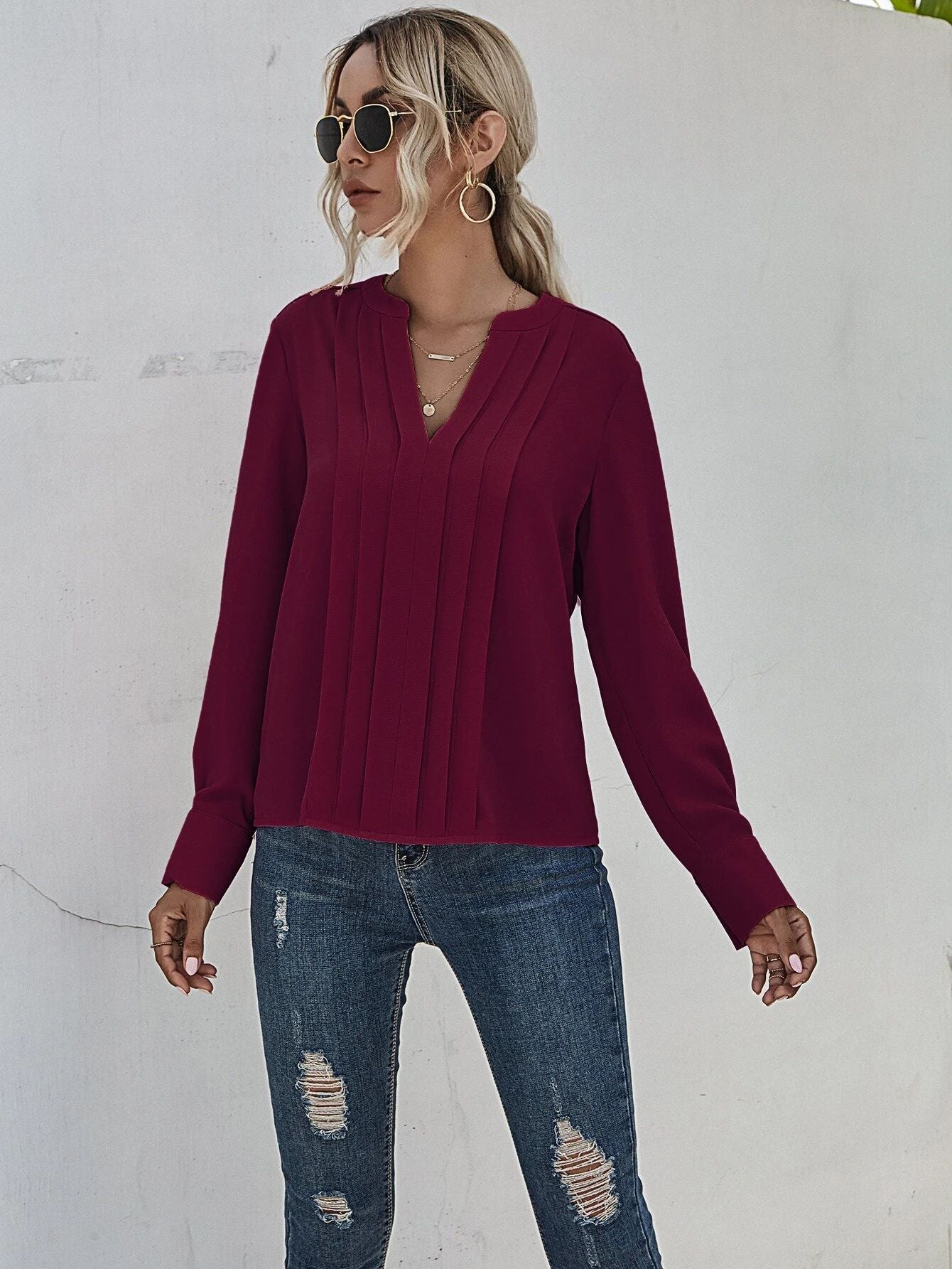 Dame elegante bluser med plissé Stilla