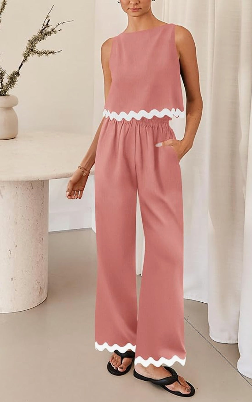 Dame trendy jumpsuit med bred ben og dekorativ bølgekant Stilla