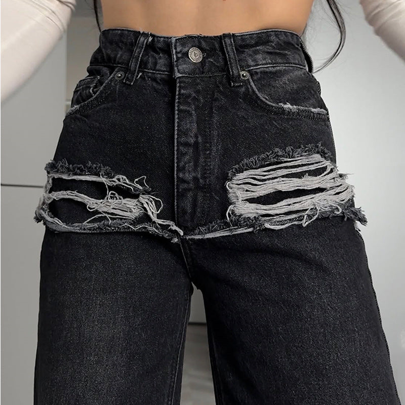 Dame Højt skårede Destroyed Jeans med frynset detaljer Stilla