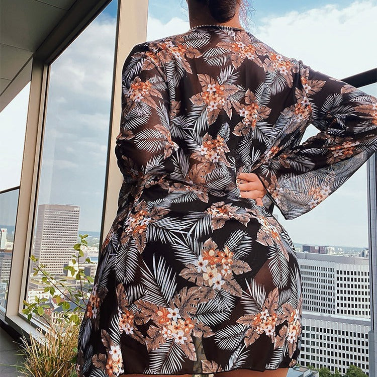 Dame bikini-sæt med høj talje underdele og blomster kimono Stilla