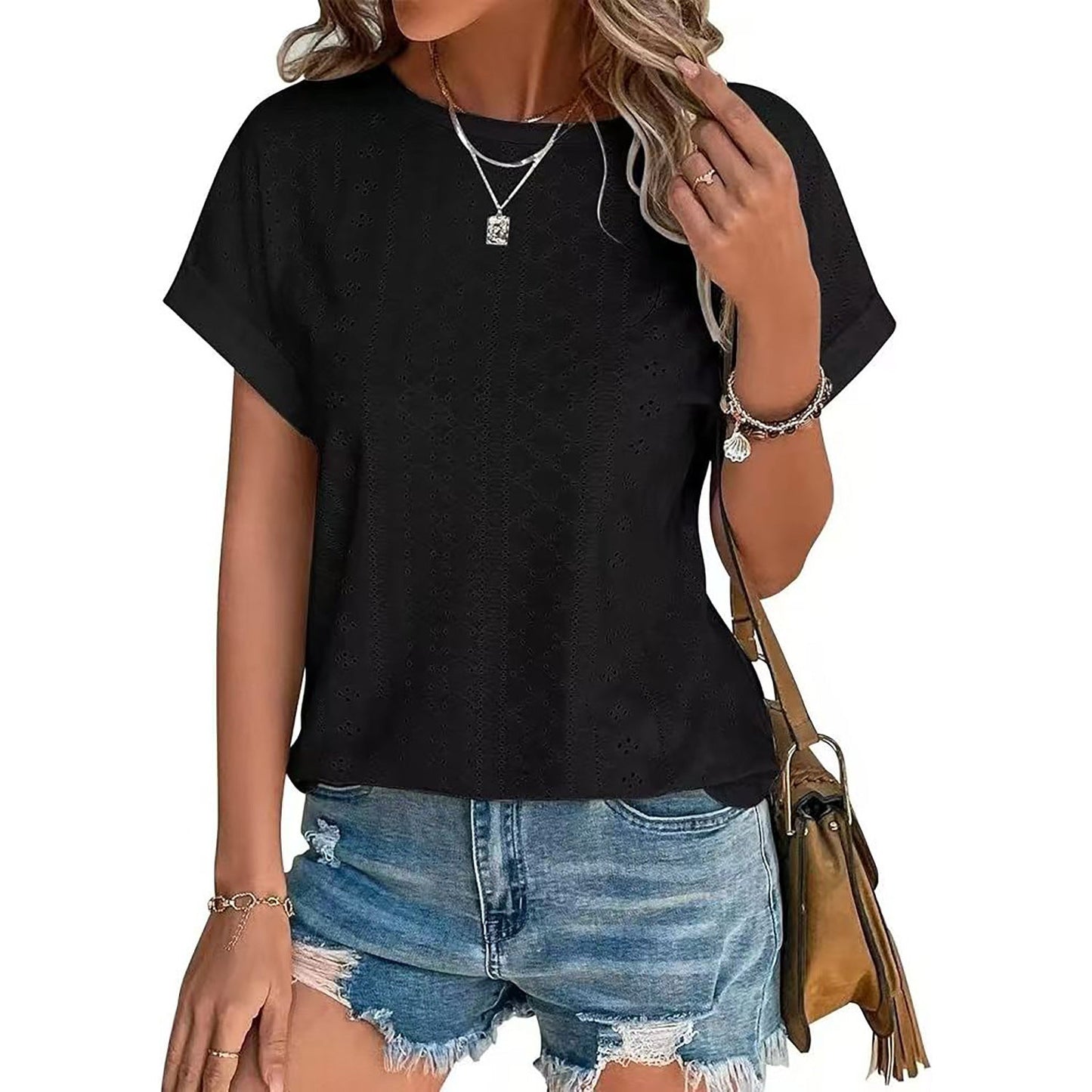 Stilla | Basic Solid Rund Hals Løs Kort Ærme T-shirt