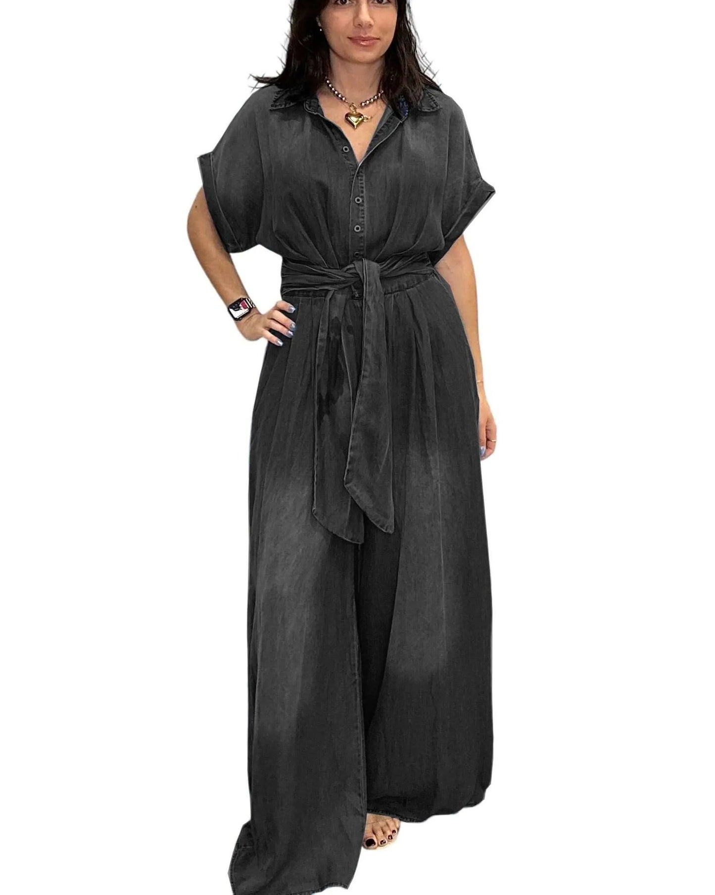 Dame afslappet denim-overall med vidde ben og praktiske lommer Stilla