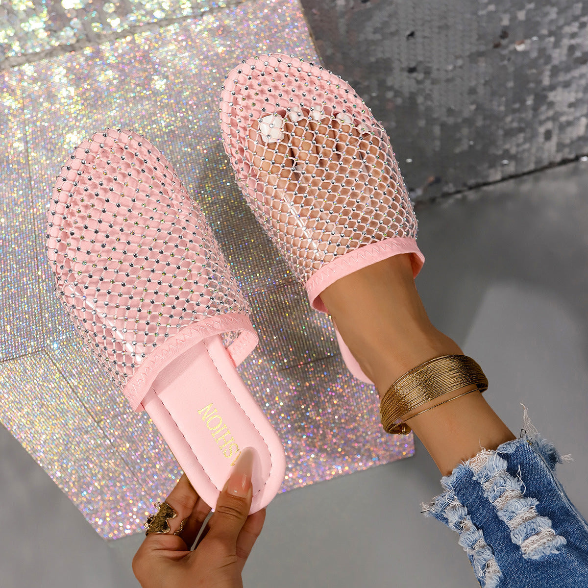Dame Pantolette med glitrende strassapplikationer og elegant netdesign Stilla