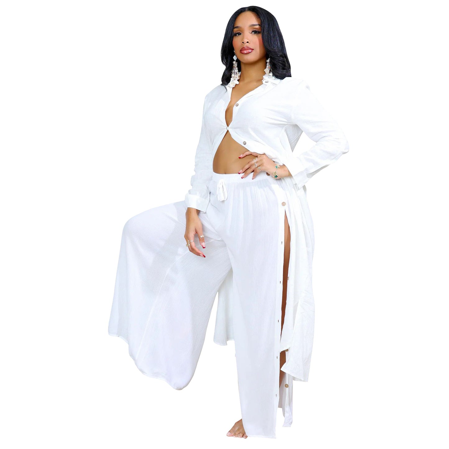 Dame afslappet fritidssæt med gennemgående skjorte og vide bukser Stilla