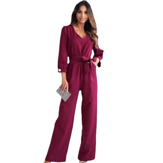 Dame Elegant V-hals Jumpsuit med bindebælte Stilla
