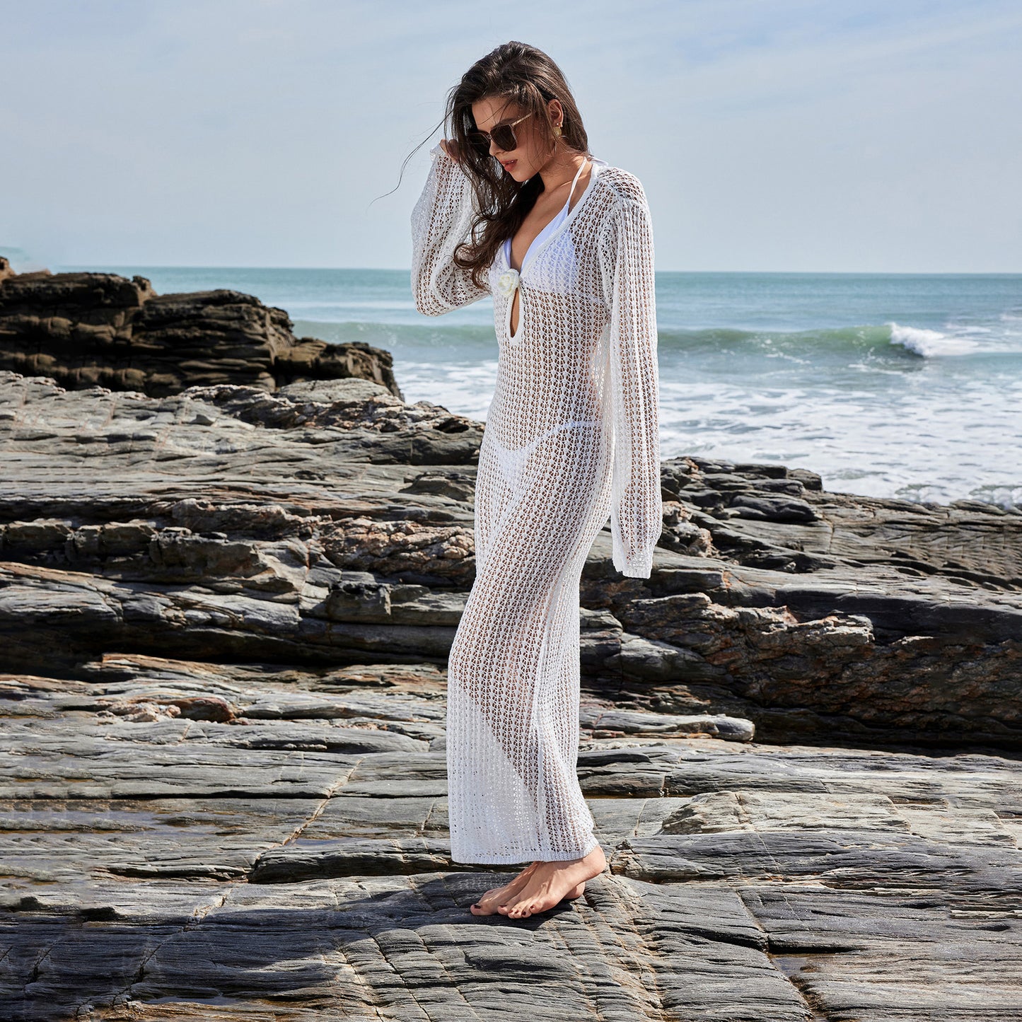 Dame Elegant Hæklet Strandovergang med floral detalje Stilla