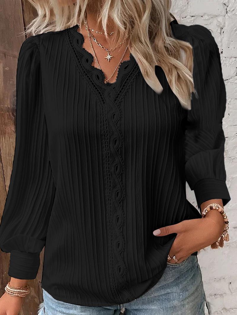 Dame Plisseret Bluser T-shirt med romantiske Spidsdetaljer Stilla