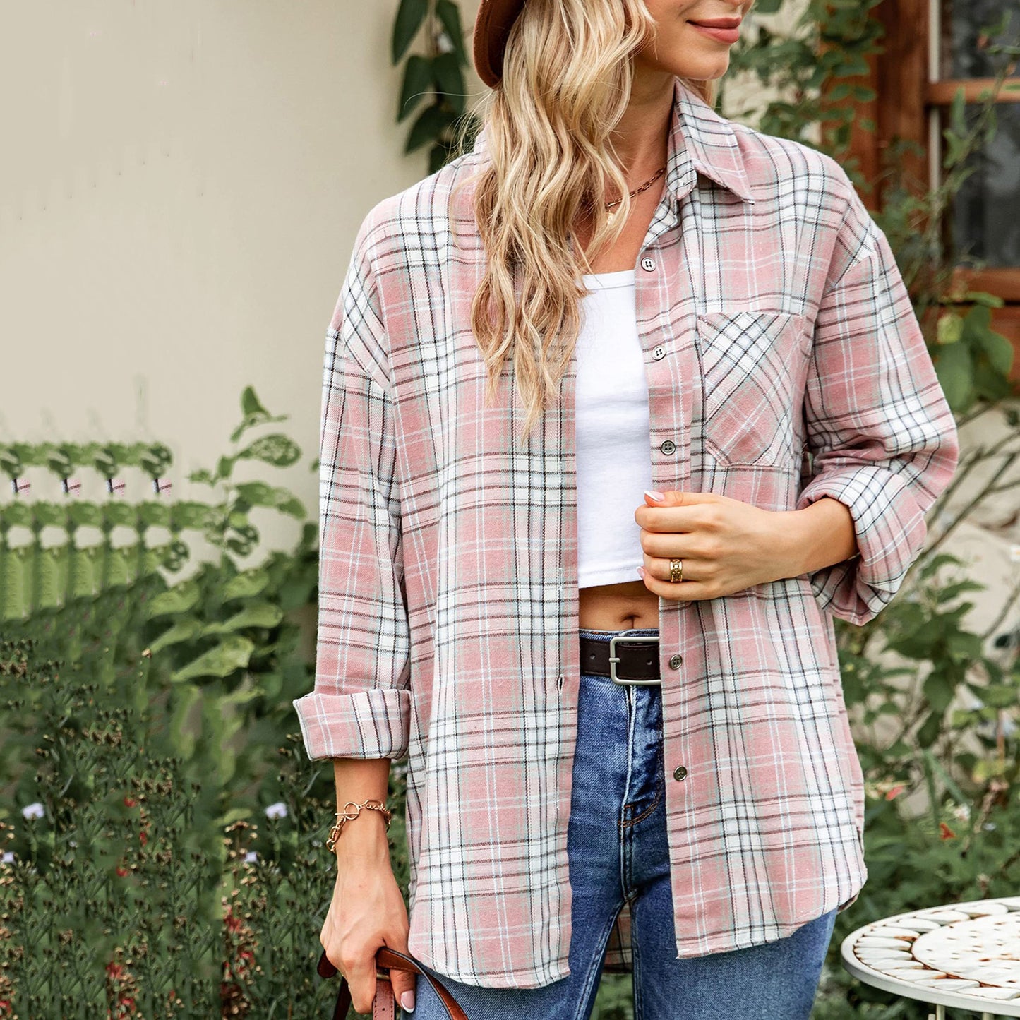 Femme Afslappet Fit Flannel Knap-Up Skjorte Stilla