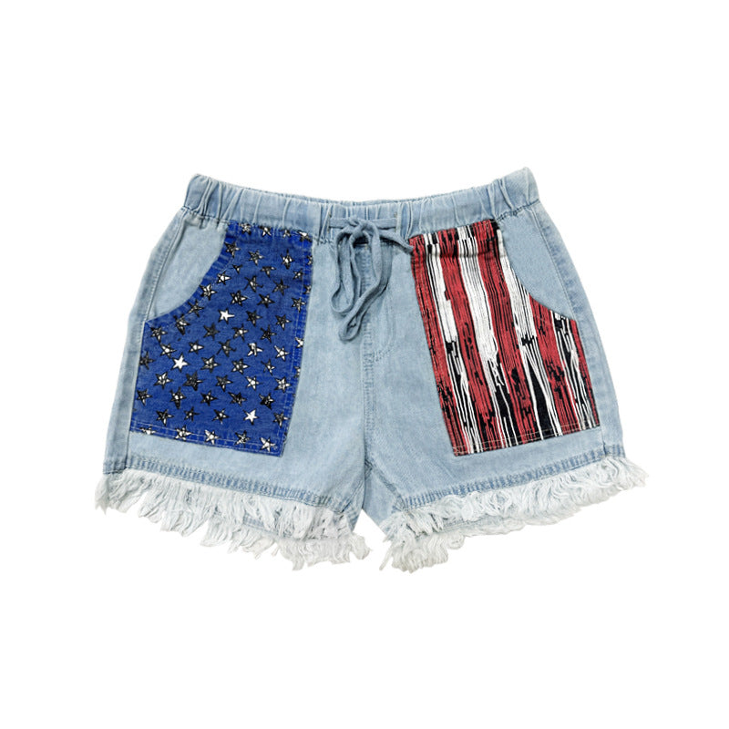 Dame Denim-shorts med patriotiske lommer og afslappet kant Stilla