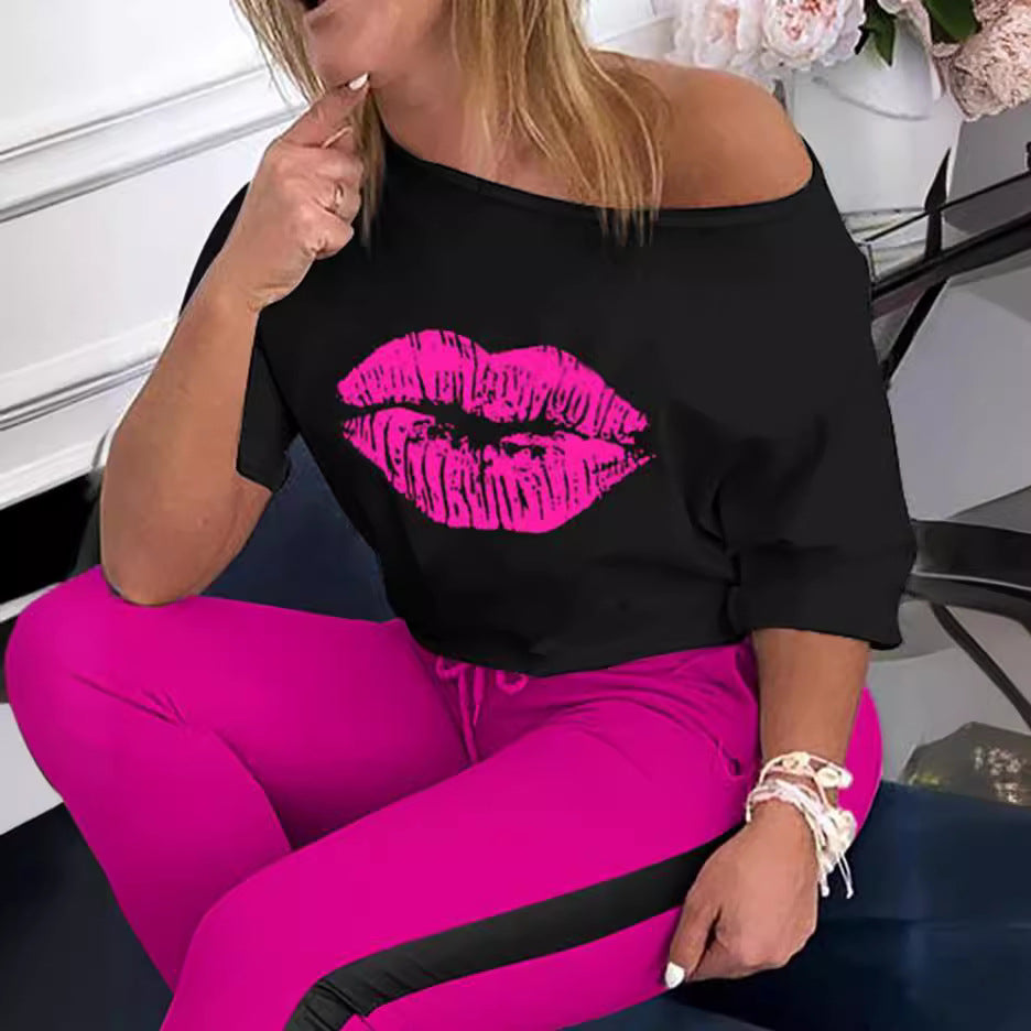Dame Casual Grafik T-Shirt og Sport Leggings Sæt Stilla