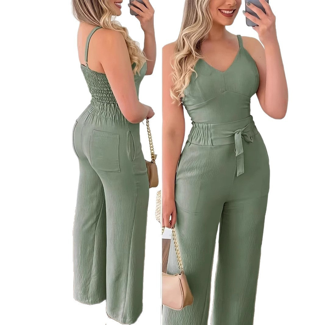 Dame bredskåret jumpsuit med justerbart taljebælte Stilla