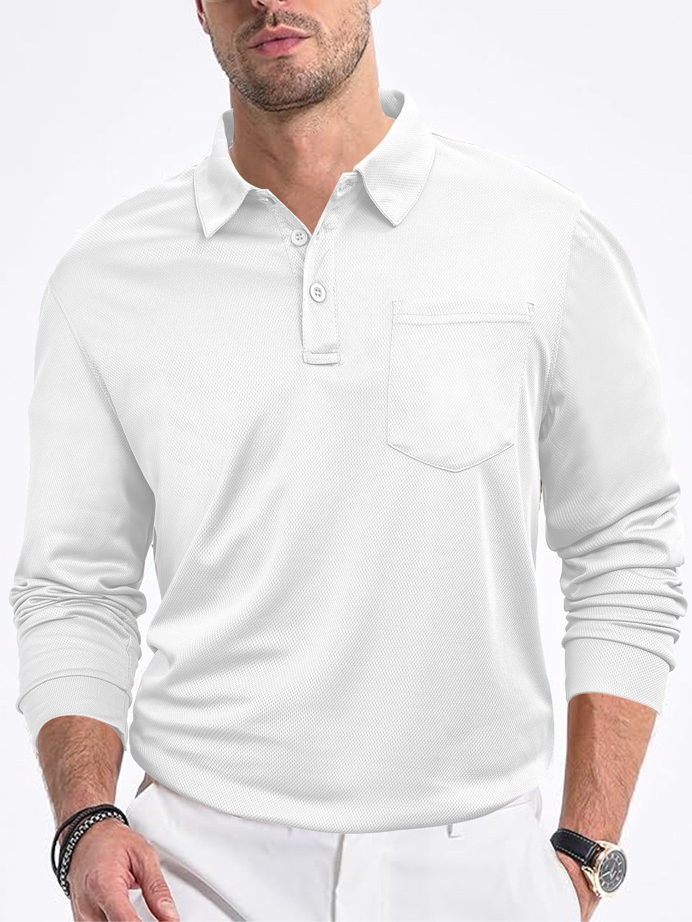 Herrer langærmet poloshirt med struktureret stof og praktisk brystlomme Stilla