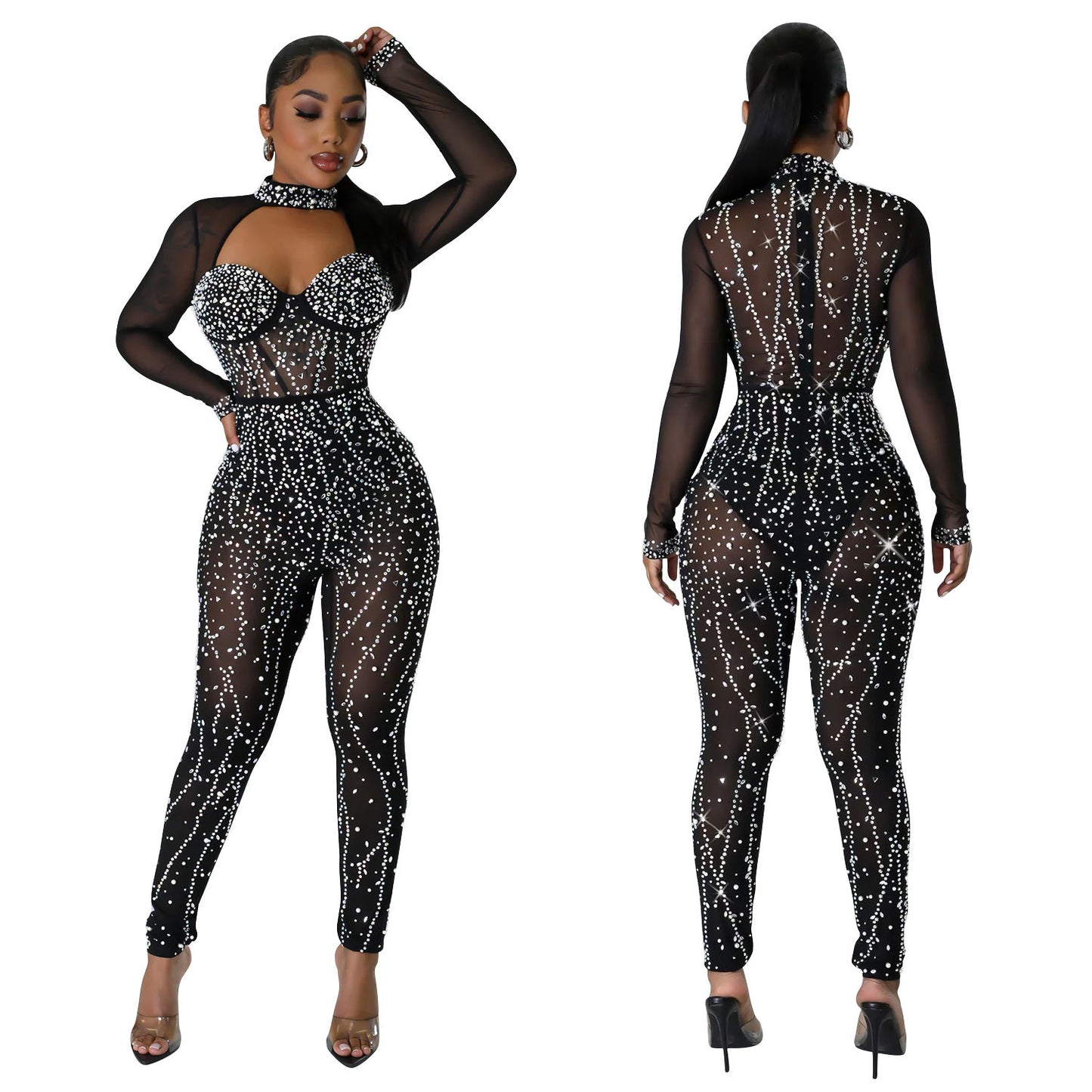 Dame Glamourøs Jumpsuit med gennemsigtigt overmateriale og funklerende strassdekorationer Stilla