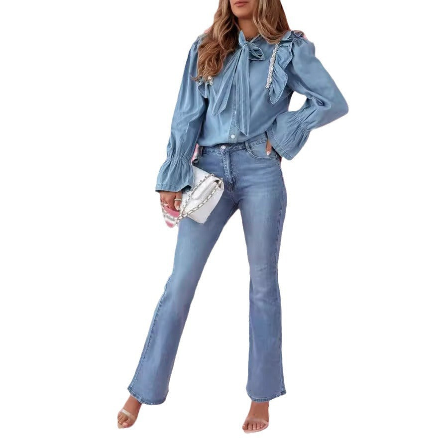 Dame Denim Skjorte med Rørlæg og Sløjfe-detaljer Stilla