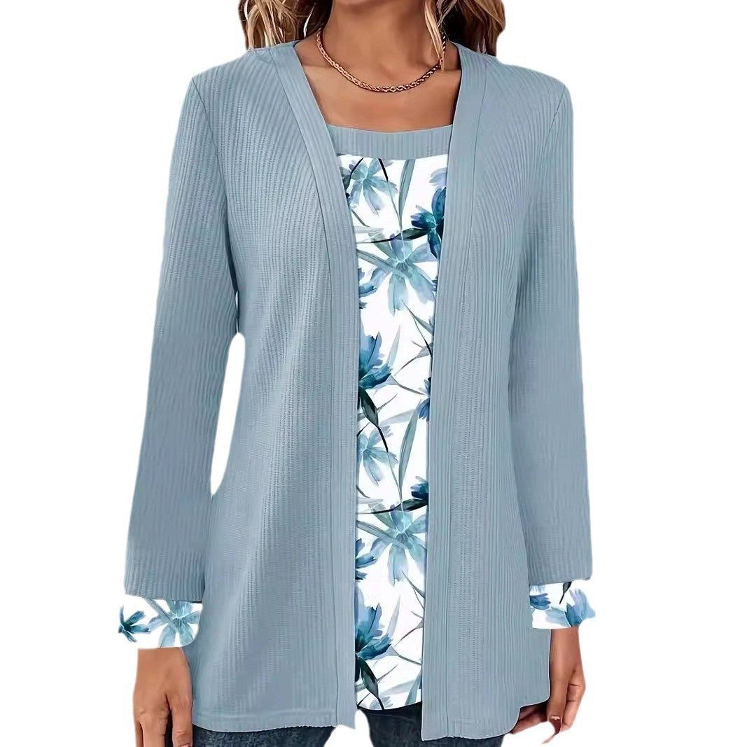 Dame afslappet cardigan med blomstret inderfór Stilla