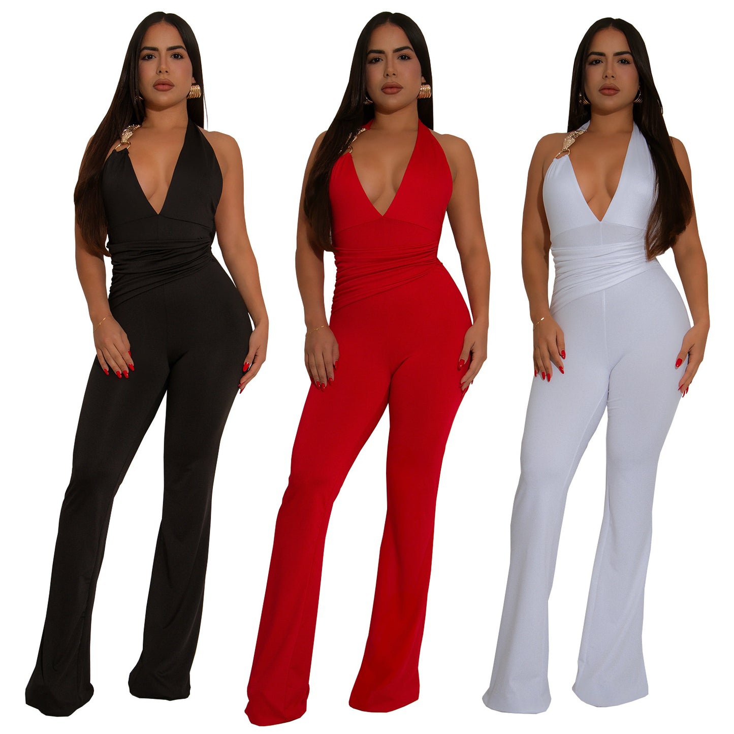 Dame Elegant Flydende Jumpsuit med dyb V-udskæring og tætsiddende silhuet Stilla