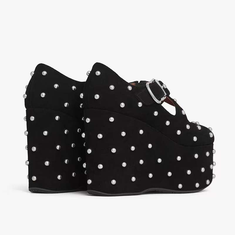 Femme Plattform Mary Jane Wedge-Heels med perleaccentuer Stilla