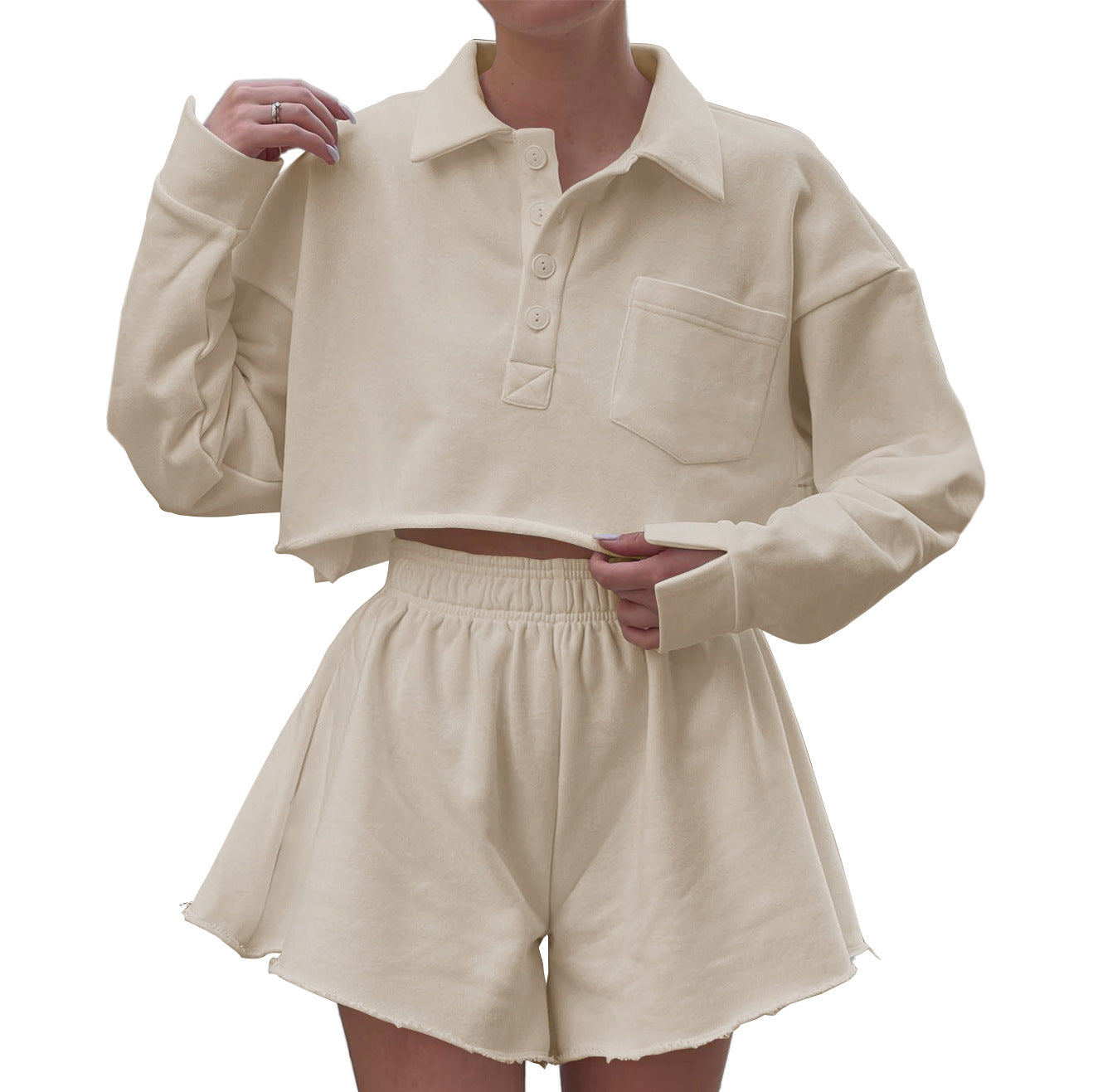 Dame cropped Poloshirt og shorts sæt med afslappet snit og praktiske lommer Stilla