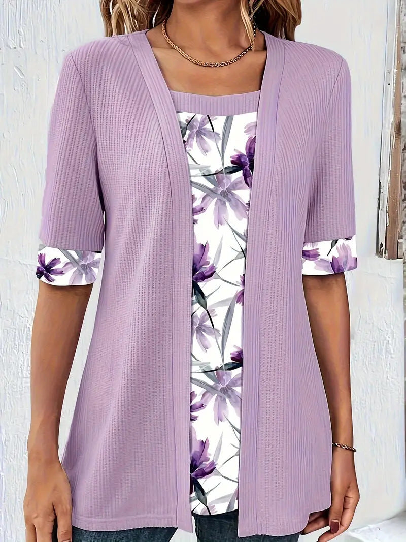 Dame afslappet cardigan med blomstret foer og 3/4-ærmer Stilla