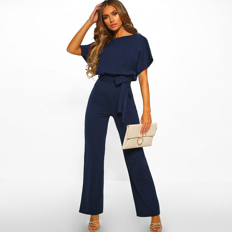 Dame Elegant Bred Ben Jumpsuit med Bindebælte Stilla