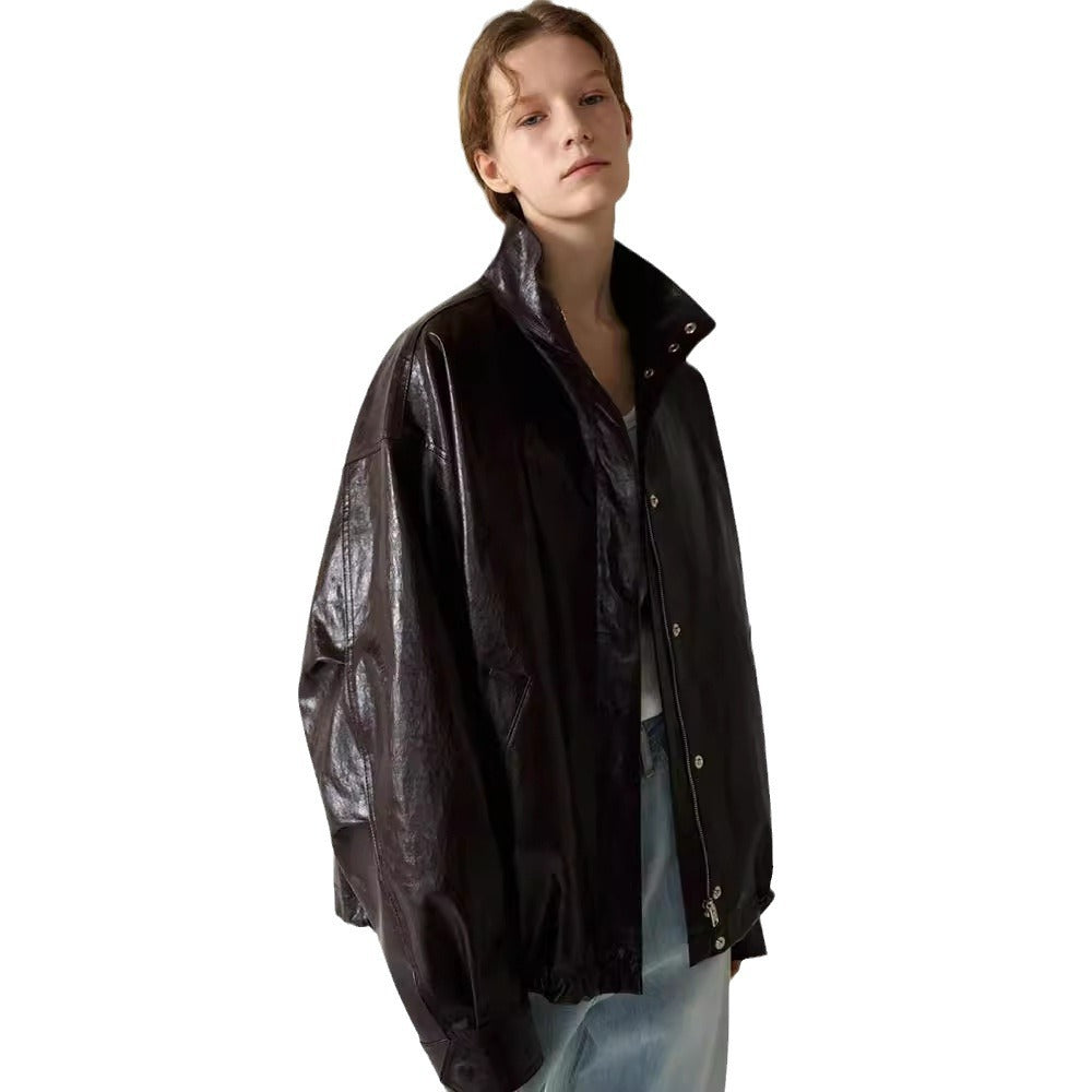 Dame afslappet oversized læderjakke med struktureret design og praktiske detaljer Stilla