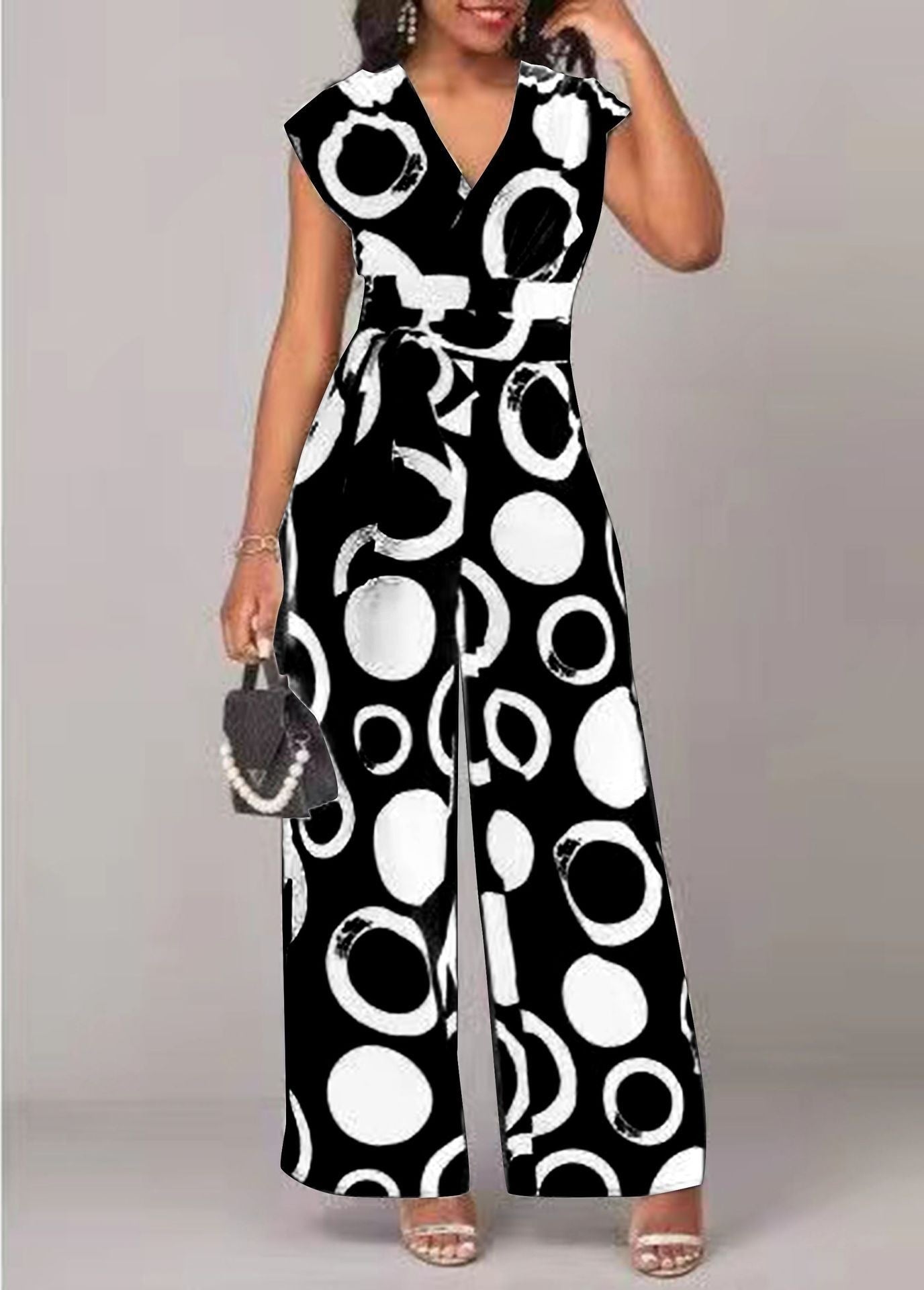 Dame Elegant Jumpsuit med grafisk cirkelmønster og taljebælte Stilla