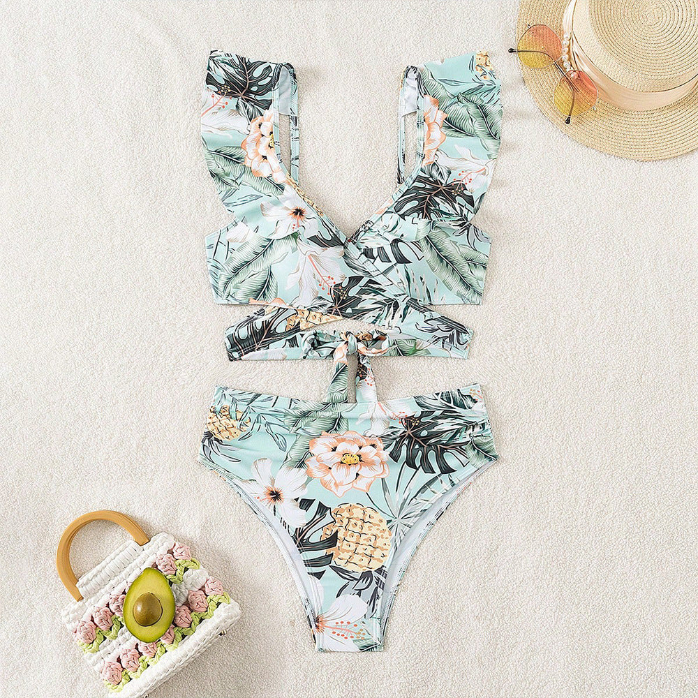 Dame Crop-Top Bikini med blomstermønstre og legende cut-out Stilla
