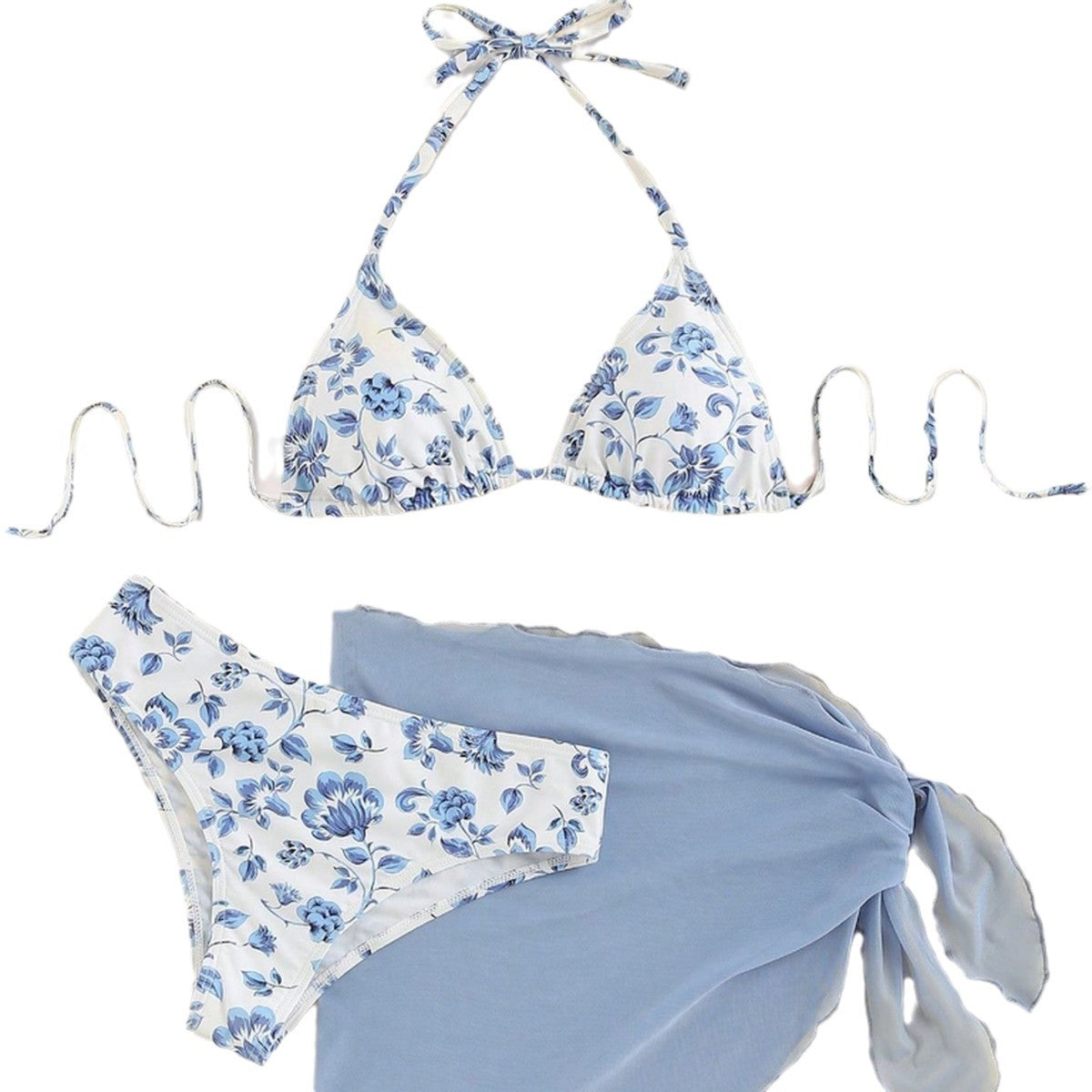 Dame Triangel-Bikini-Sæt med romantisk blomstermønster og elegant Pareo Stilla