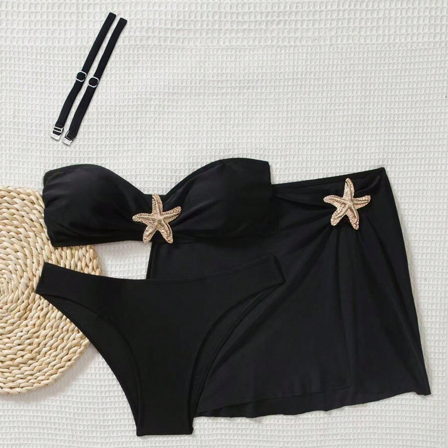 Dame Bandeau-bikini med dekorative stjerne-applikationer og smart nederdel Stilla