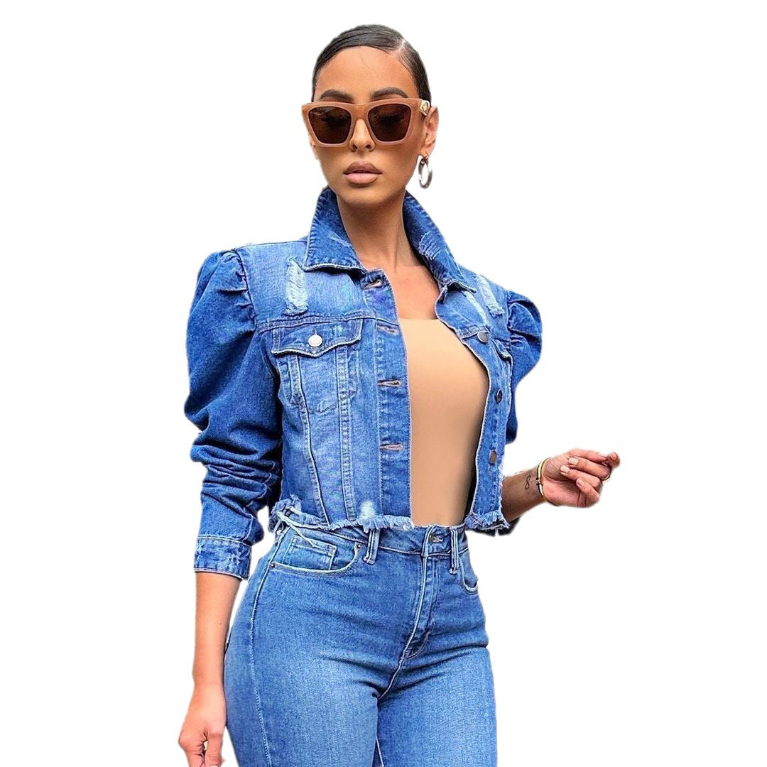 Dame Denim-jakke med puffærmer og dekorativ krave Stilla