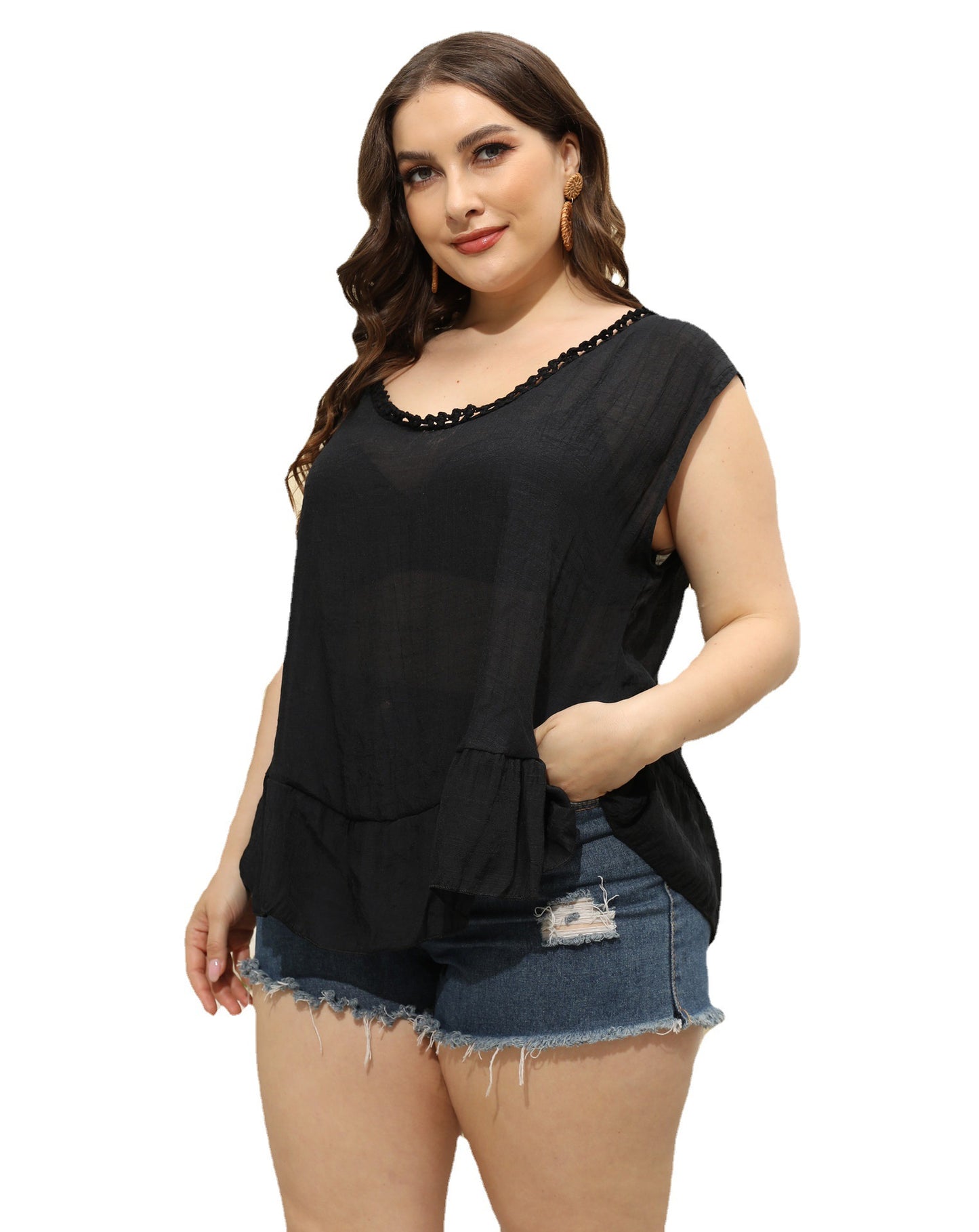 Dame afslappet strandtop med volumøs pasform og flæse detaljer Stilla