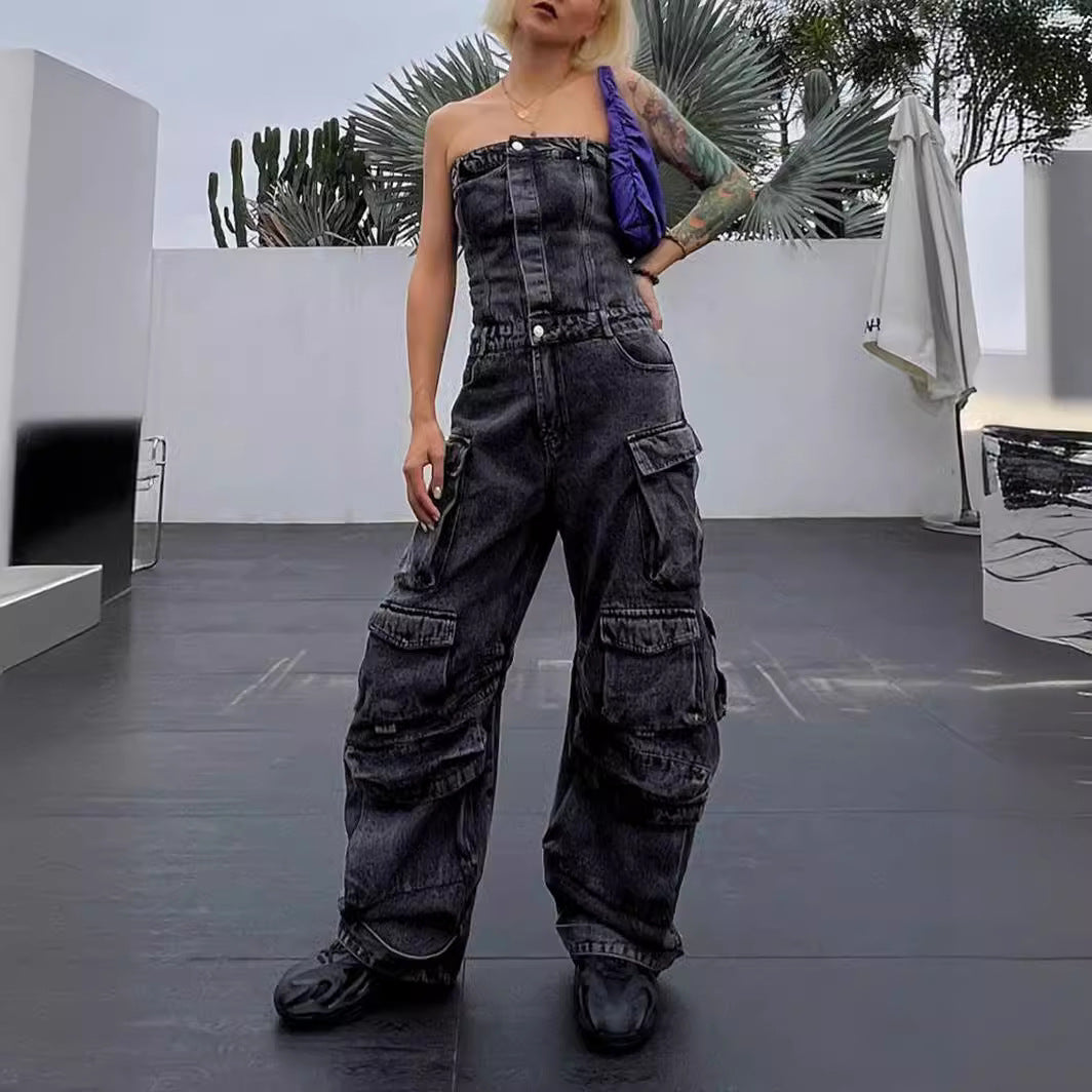 Dame afslappet denim jumpsuit med praktiske cargo-lommer og elegant snit Stilla