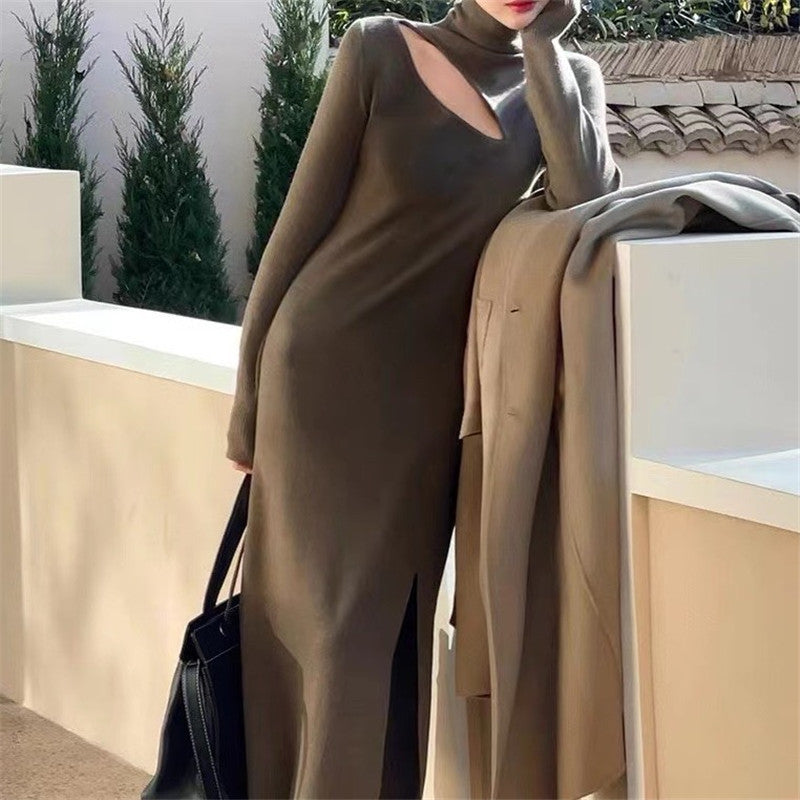 Dame High-Slit Strik Midi Kjole med Rullekrave Stilla