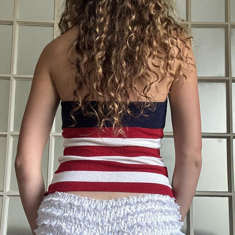 Dame tanktop med amerikansk flagmønster og V-udskæring Stilla