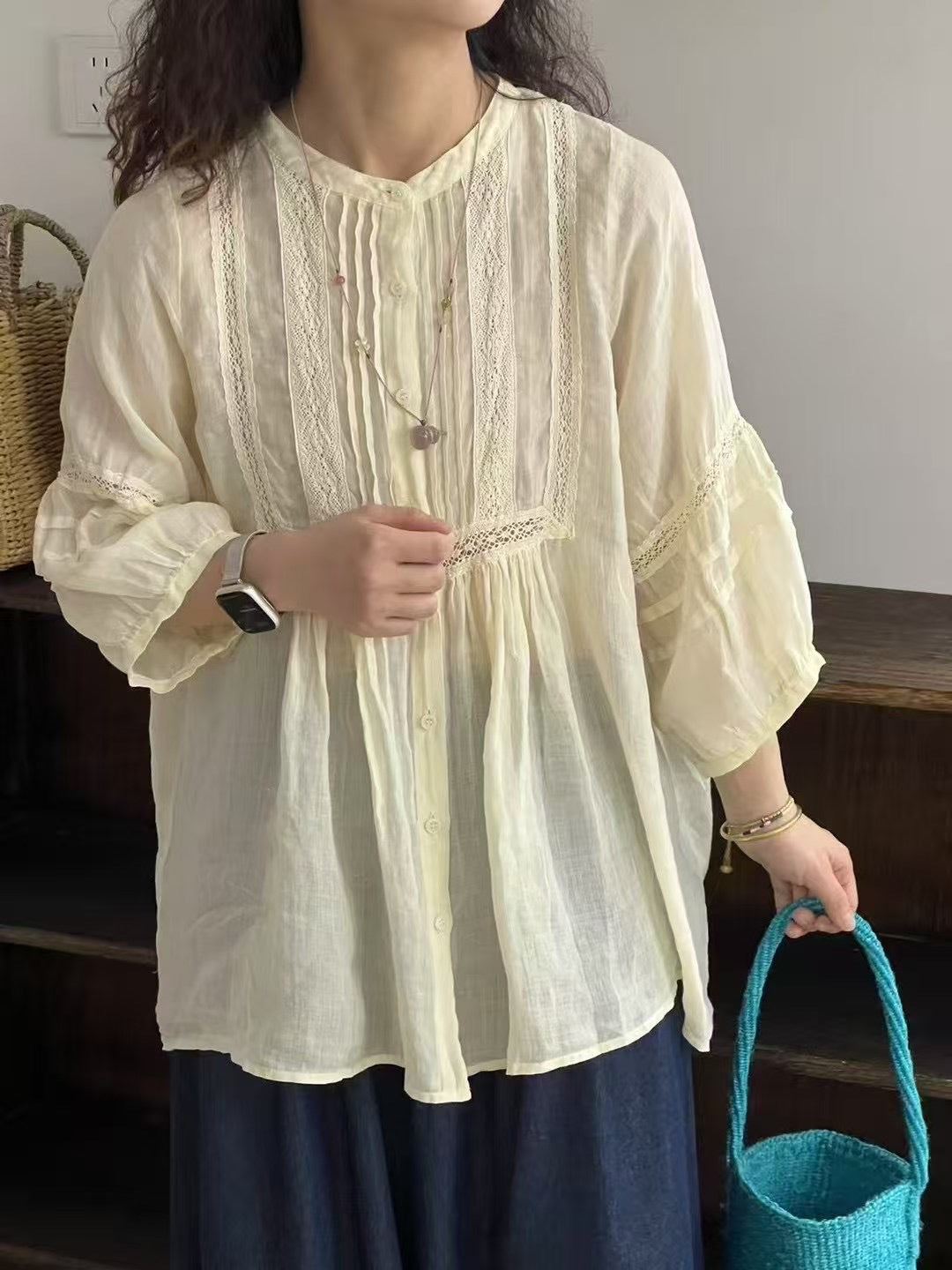 Dame Button-Up Bohemian Bluse med Blonde Stilla