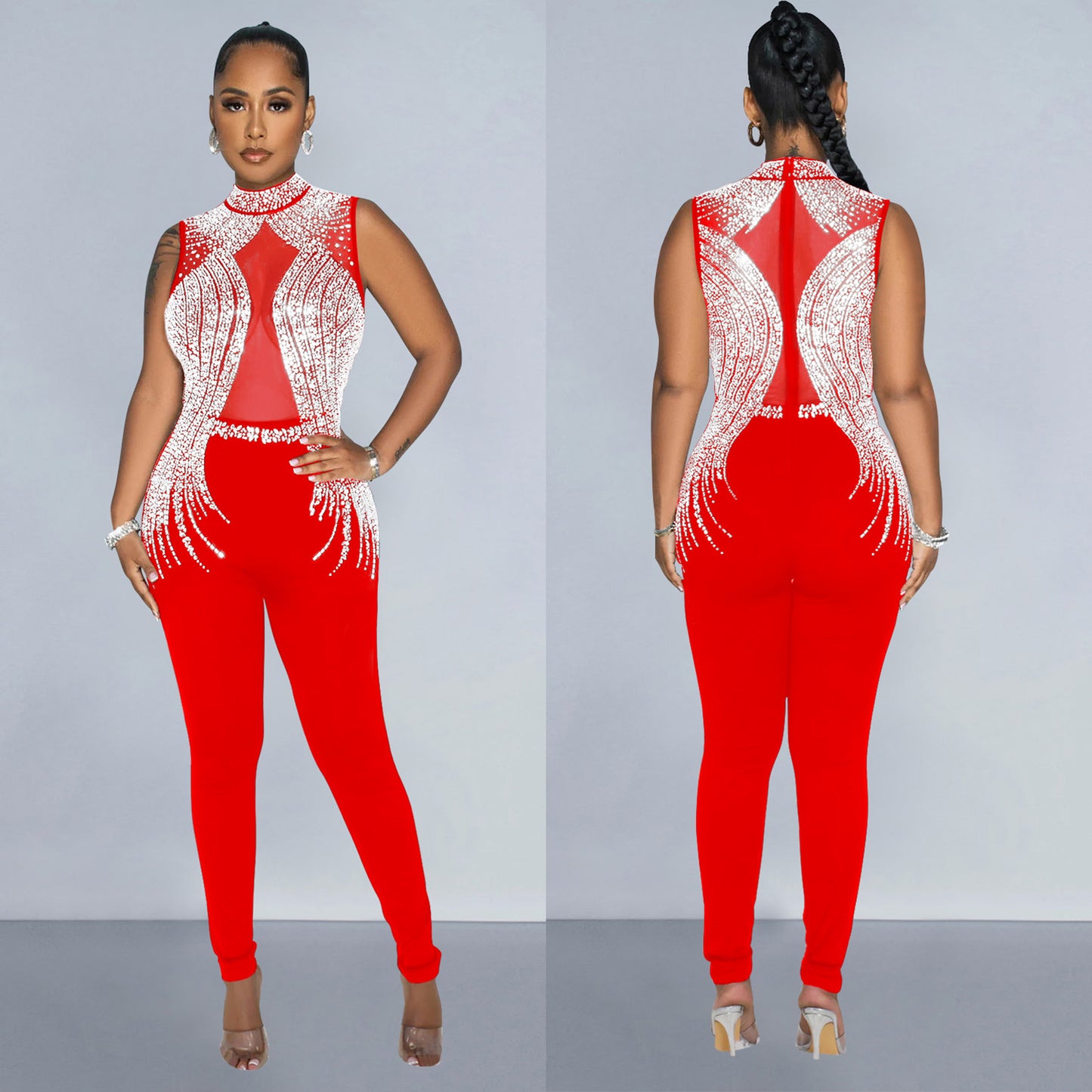 Dame elegant Bodycon jumpsuit med transparente indsatser og strass dekorerede detaljer Stilla