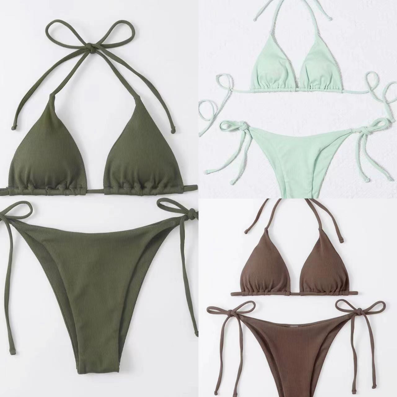 Dame Triangel-Bikini-Sæt med justerbare bindebånd og ribbet design Stilla