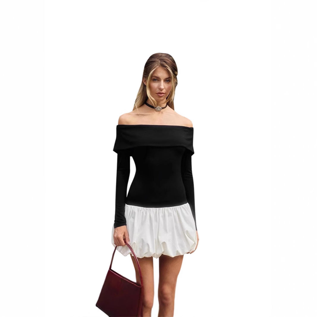 Dame Off-Shoulder Minikjole med volumniøs kant og lange ærmer Stilla
