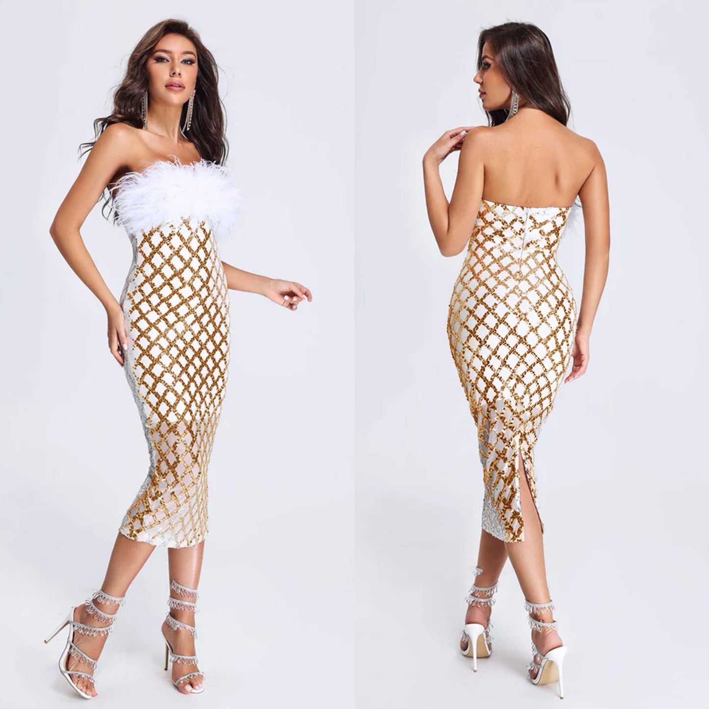 Dame Elegant kjole med glitrende pailetter og fjer Stilla