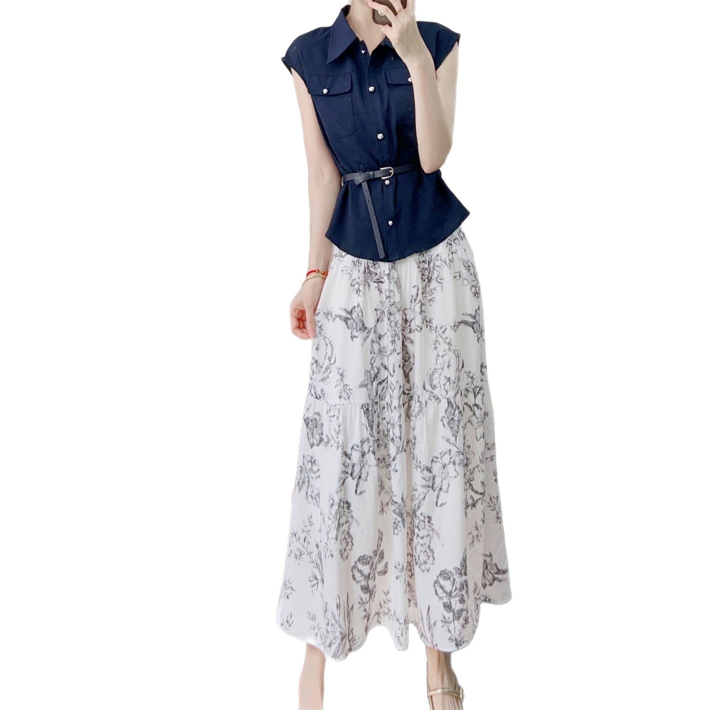 Dame Elegant Modekombination af chic bluse skjorte med bælte og blomster maxi nederdele Stilla