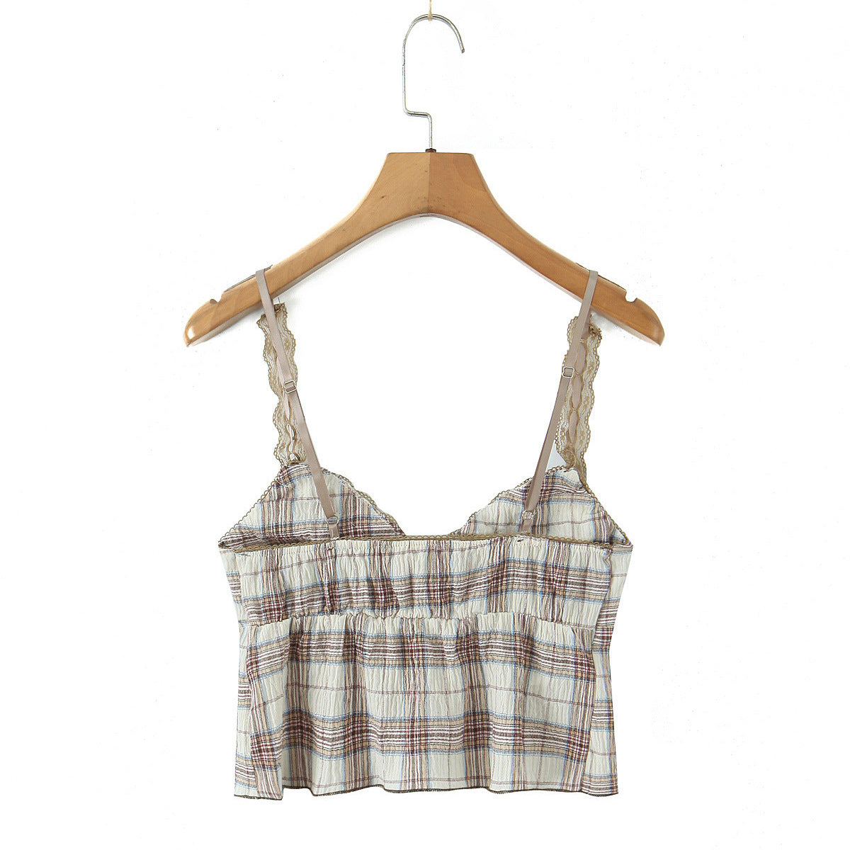 Dame afslappet spaghetti-strop top med flæsedetaljer og moderne ternet udseende Stilla