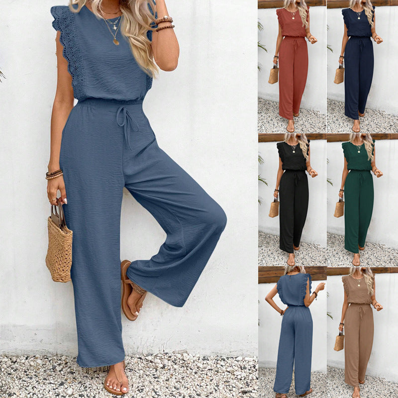 Dame luftig jumpsuit med flæsedetaljer og gummibånd Stilla